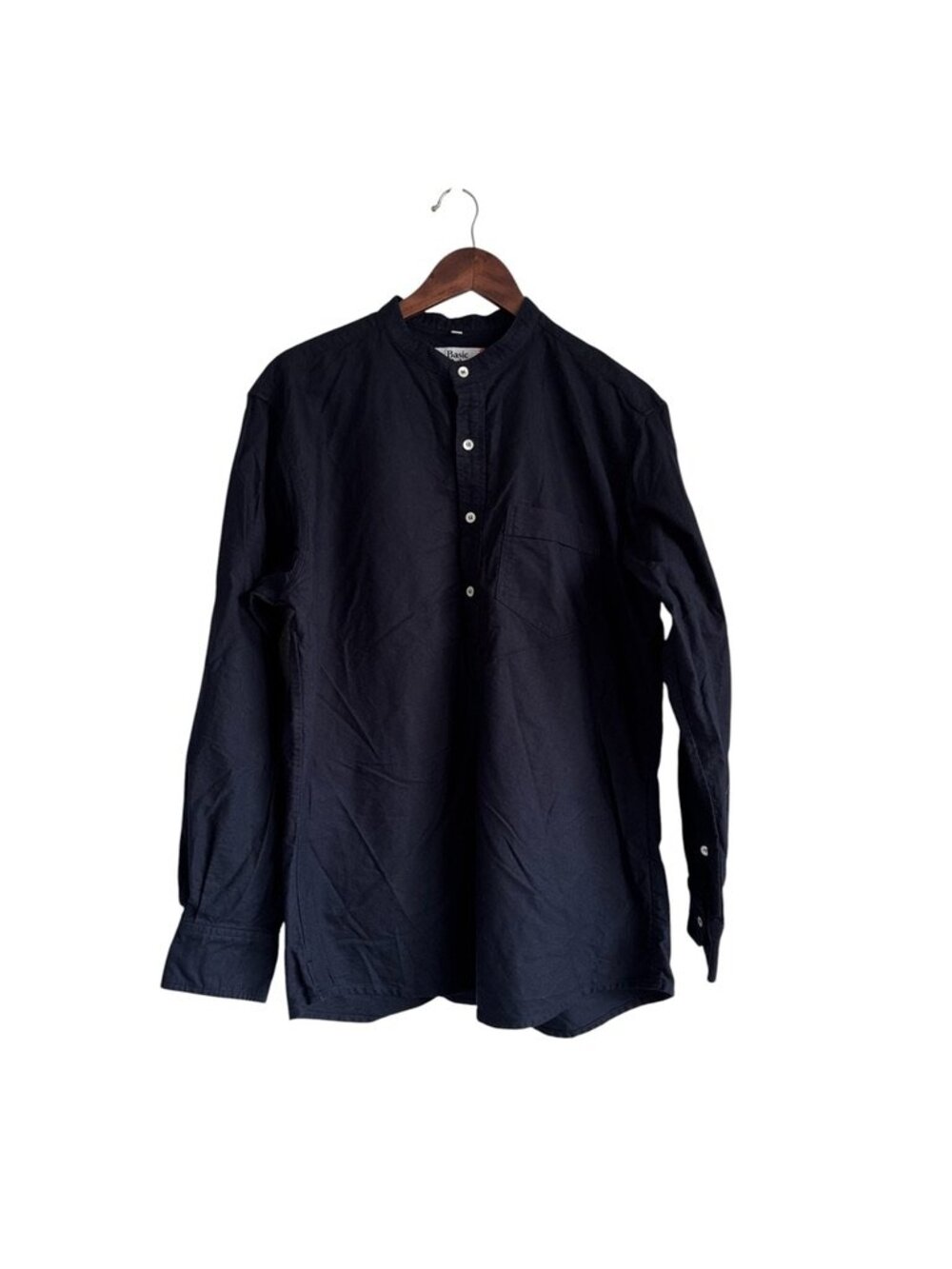 Basic Right Men's Long Sleeve 3/4 Button Down Collarless Navy 100% Cotton XL